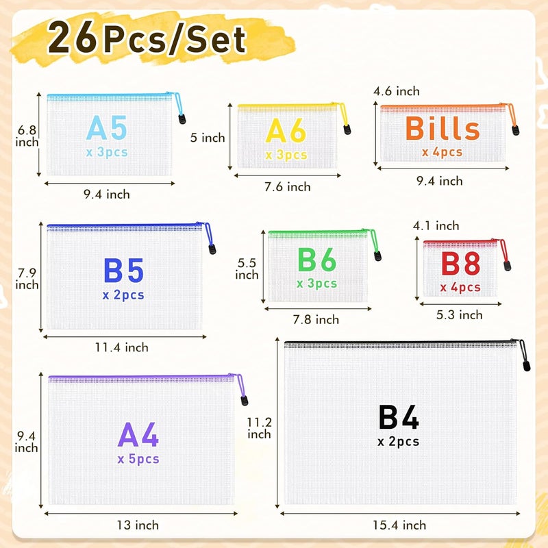 PAPEJOON 26pcs Mesh Zipper Pouch Bags, 8 Sizes Plastic Zippered Storage Bags for Organizing, Clear Pouches with Zipper, Waterproof Mesh Pouch for Office School Supplies, Home Organize, Travel Storage - Image 2